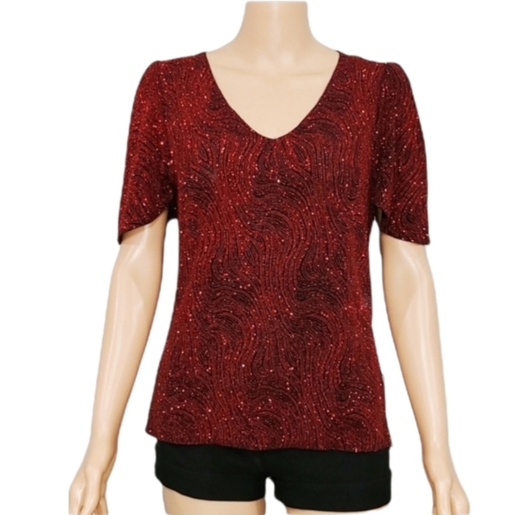 Metaphor Women's Beautiful Red & Black Beaded Metallic Blouse‎ Size L Large NWT - Picture 1 of 13